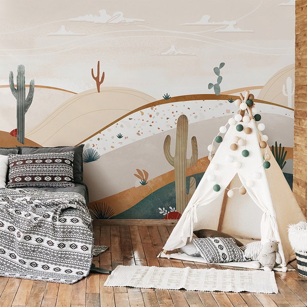 Kids Desert Hills with Cacti Wallpaper | Kids Room Removable Desert Landscape Wall Mural Peel and Stick | Arizona Desert Print