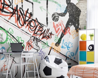 Young Room Wallpaper | Basketball Graffiti Art Mural on Concrete Wall Peel and Stick
