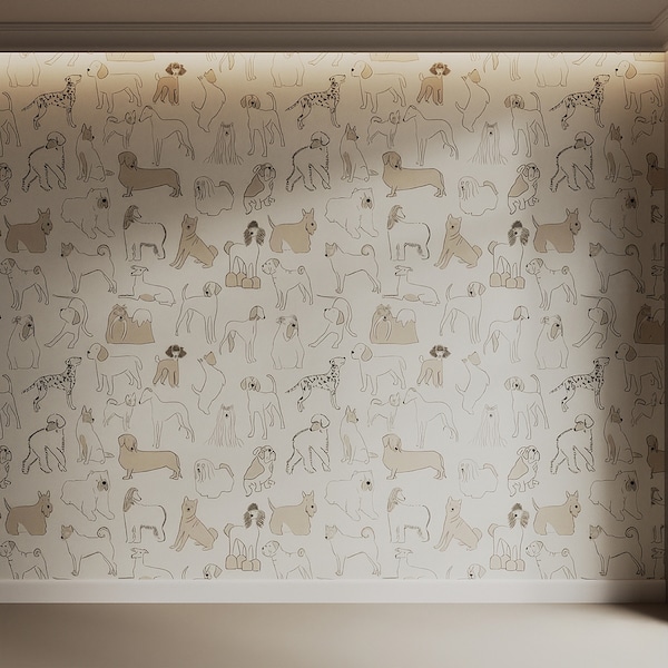 Cute Dogs Cartoon Drawing Childrens Wallpaper | Natural Hand Drawing Dogs Self Adhesive Wall Mural Peel and Stick