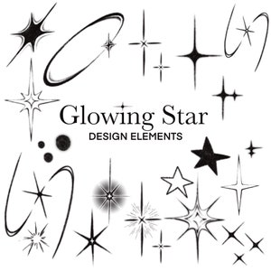 Könnte beinhalten: Ein Satz von 18 schwarzen und weißen leuchtenden Stern-Designelementen. Die Sterne sind in verschiedenen Formen und Größen, einige haben einen stilisierteren Look. Der Text "Glowing Star Design Elements" ist im Bild enthalten.