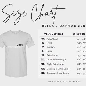 May include: Size chart for Bella + Canvas 3001 unisex t-shirts. The chart shows sizes XS through 5XL with corresponding chest measurements in inches.