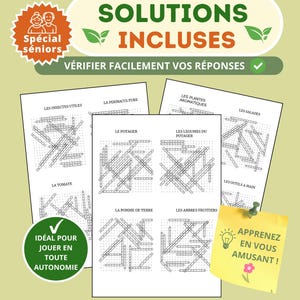 May include: A collection of printable activity sheets featuring word search puzzles with garden-themed titles in French, including Les Insectes Utiles, La Permaculture, Le Potager, Les Legumes du Potager, La Tomate, La Pomme de Terre, and Les Arbres Fruitiers.