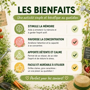 May include: An informational graphic titled LES BIENFAITS with text in French listing benefits like memory stimulation, concentration, relaxation, and ease of use. The design features garden-themed illustrations including tomatoes, a watering can, a basket of vegetables, and a straw hat.