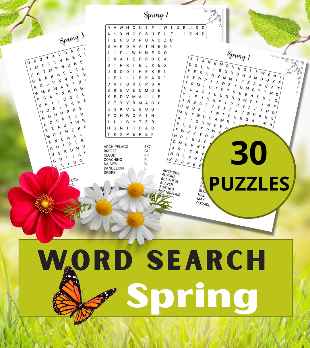 Spring Word Search Puzzles | Large Print, Adults Seniors (printable PDF