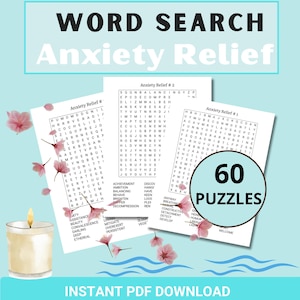 60 puzzle di ricerca di parole stampabili sul sollievo dall'ansia / Adulti Anziani / Stampa grande / Download immediato / PDF stampabile