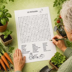 May include: A white paper word search puzzle titled LE POTAGER with a grid of letters and a list of French gardening terms. The puzzle includes line art illustrations of a person gardening and pumpkins at the bottom of the page.