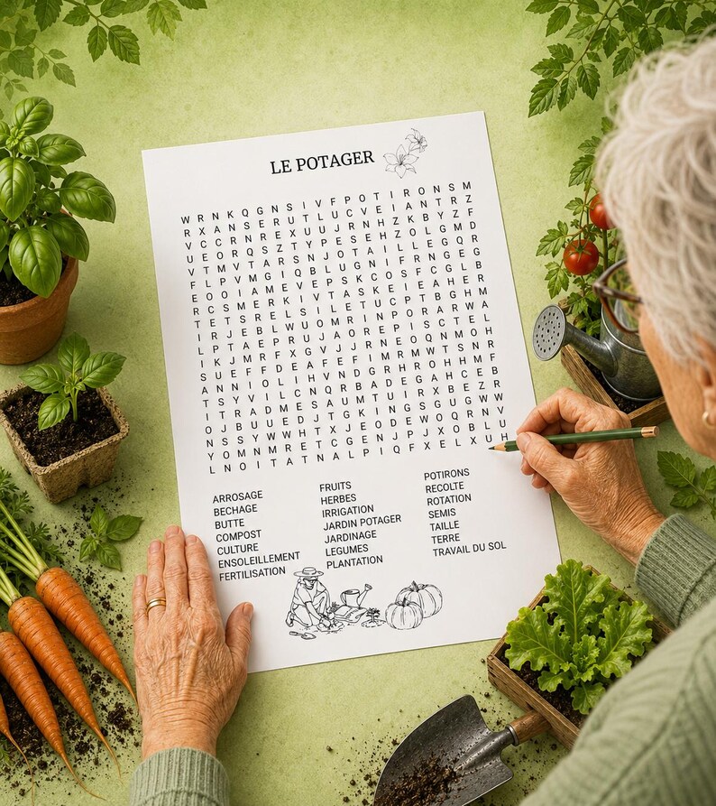 May include: A white paper word search puzzle titled LE POTAGER with a grid of letters and a list of French gardening terms. The puzzle includes line art illustrations of a person gardening and pumpkins at the bottom of the page.