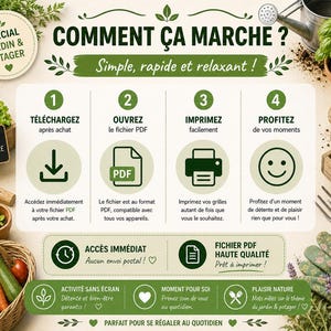 May include: An instructional graphic titled COMMENT &Ccedil;A MARCHE? featuring four steps: download, open PDF, print, and enjoy. The design includes icons for a download arrow, PDF file, printer, and smiley face, surrounded by garden-themed illustrations.