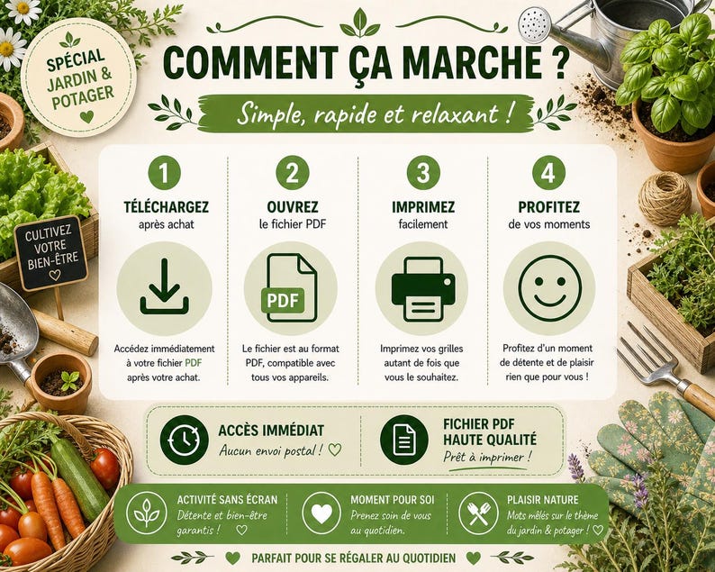 May include: An instructional graphic titled COMMENT &Ccedil;A MARCHE? featuring four steps: download, open PDF, print, and enjoy. The design includes icons for a download arrow, PDF file, printer, and smiley face, surrounded by garden-themed illustrations.