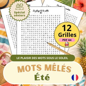 May include: A collection of printable word search puzzle sheets titled La plage & le sable, featuring 12 grids in A4 format. The pages include French text, a pencil, and a yellow circular badge stating 12 Grilles PDF A4, designed for seniors.