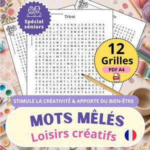May include: A collection of word search puzzles, labeled "Mots Mêlés" and "Loisirs créatifs", with the French flag. The image includes a pencil, spools of thread, and other craft supplies. Text on the image says "12 Grilles PDF A4".