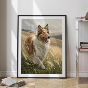 Rough collie wall art, gift for collie lover, printable dog wall art, dog lover wall decor, running collie dog illustration