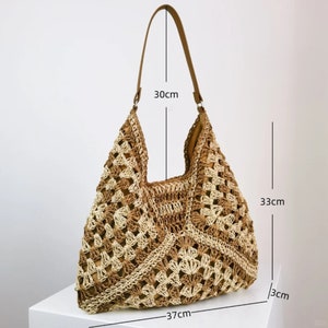 straw bag leather handlehandbags for womensummer shoulder bag knitcrochet straw bagbohemian beach tote bagcrochet bag zdjęcie 8