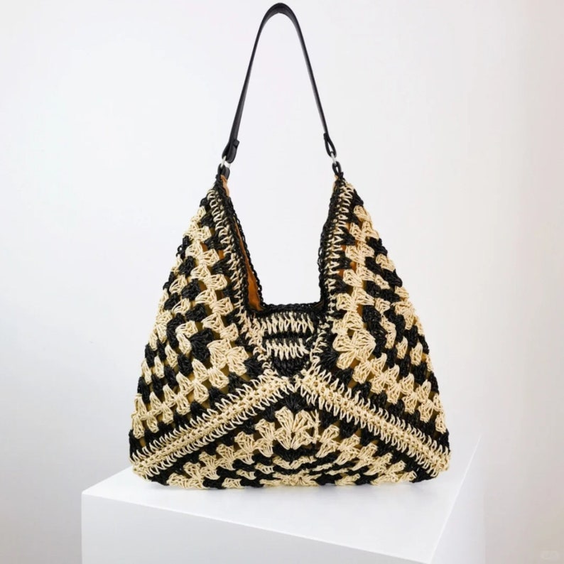 straw bag leather handlehandbags for womensummer shoulder bag knitcrochet straw bagbohemian beach tote bagcrochet bag image 6