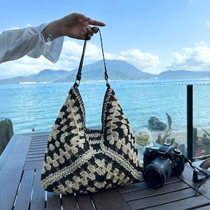 straw bag leather handlehandbags for womensummer shoulder bag knitcrochet straw bagbohemian beach tote bagcrochet bag image 1
