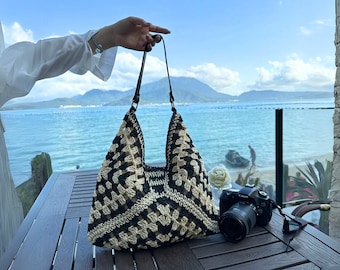 ストローバッグ レザーハンドル|レディースハンドバッグ|夏用ショルダーバッグ ニット|かぎ針編みストローバッグ|ボヘミアンビーチトートバッグ|かぎ針編みバッグ