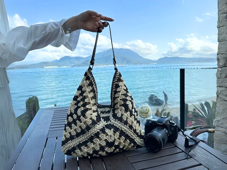 straw bag leather handlehandbags for womensummer shoulder bag knitcrochet straw bagbohemian beach tote bagcrochet bag image 1