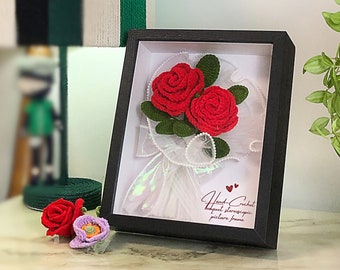 Crochet flower bouquet photo frame,handmade knit black picture frame red roses bouquet wall decor desk picture frame,gift for mom(7"x9")