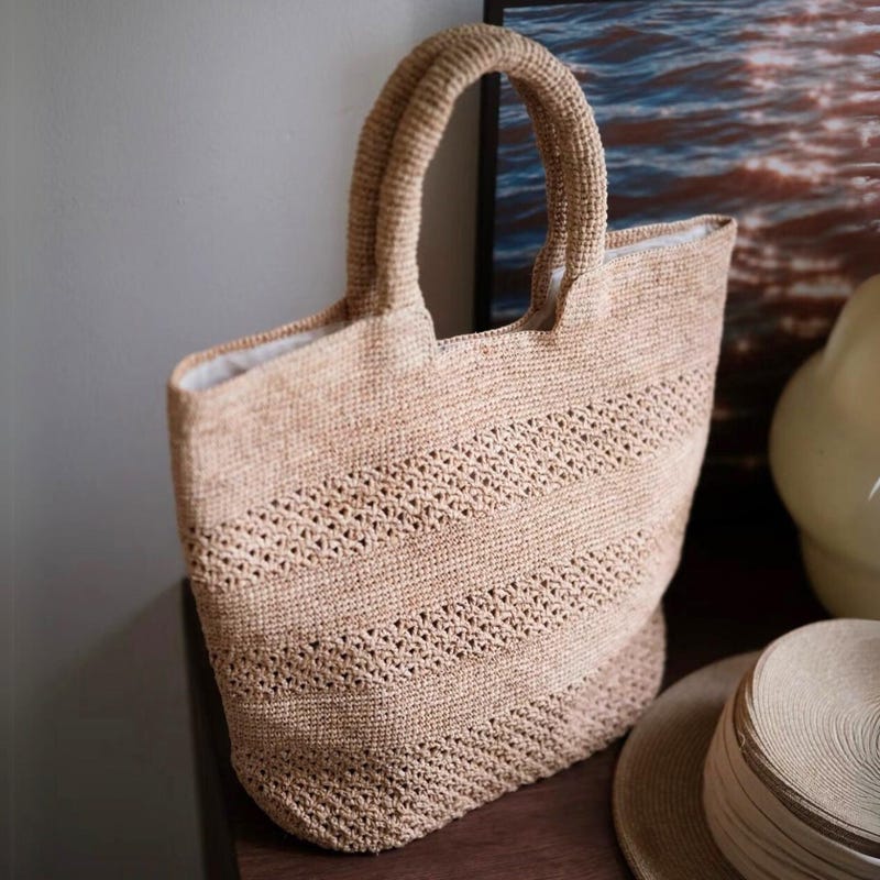 Rockstud Mini Woven Raffia Shopping Bag - Beige