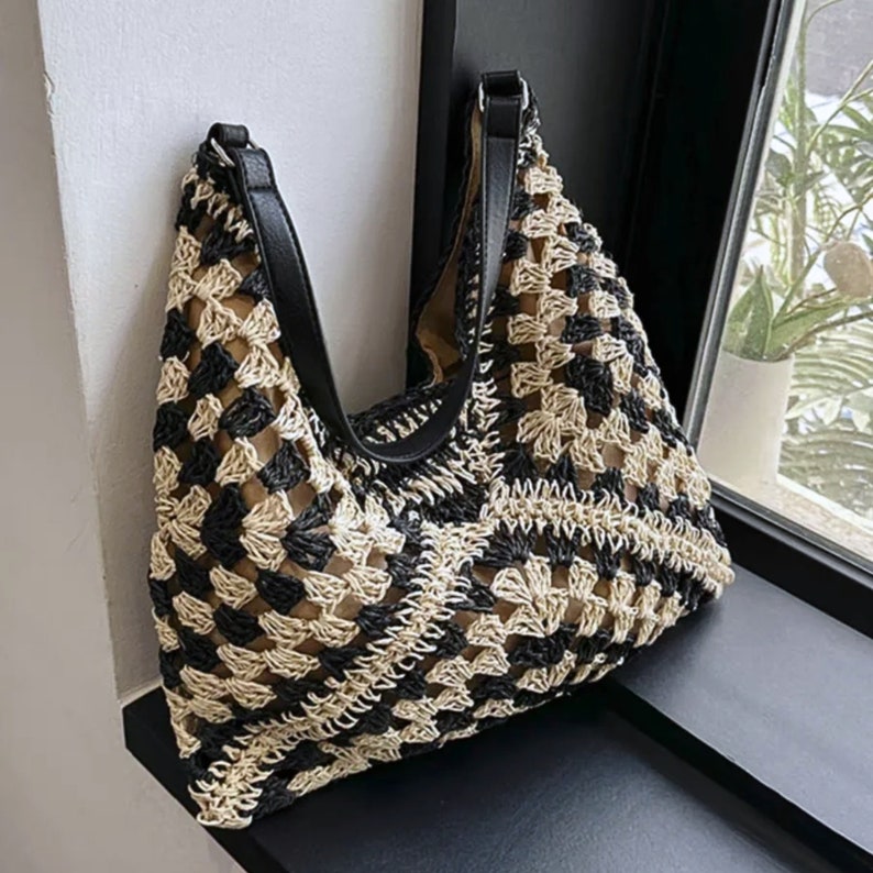 straw bag leather handlehandbags for womensummer shoulder bag knitcrochet straw bagbohemian beach tote bagcrochet bag zdjęcie 2