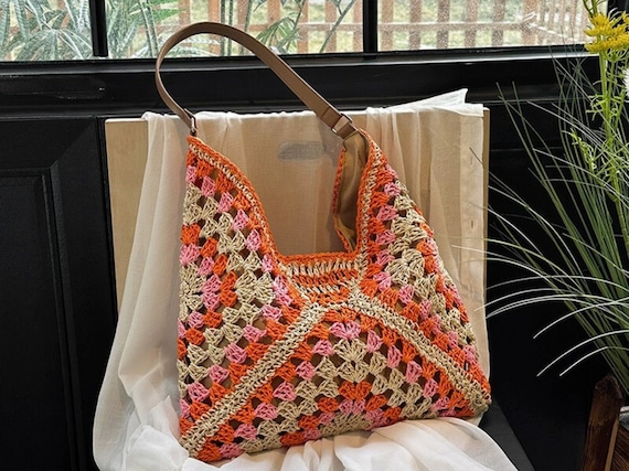 Handmade Crochet Straw Beach Tote Bag with Leather Handle