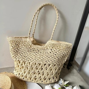 Straw Shopping Basket Bag for Mom gift, Raffia beige Shoulder Knot Bag,Straw Beach Bag, Farmers Market Bag，woven beach bag,mothers day gift