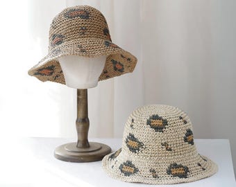 Handmade Crochet Raffia Sun Hat: Leopard Print, Adjustable Beach Hat