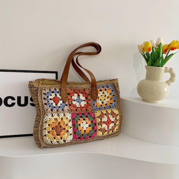 straw bag leather handle|handbags for women|summer shoulder bag knit|crochet straw bag|bohemian beach tote bag|crochet bag