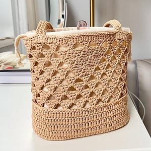 Crochet Raffia Tote in Tan, Summer Tote Bag, Straw Mesh Bag