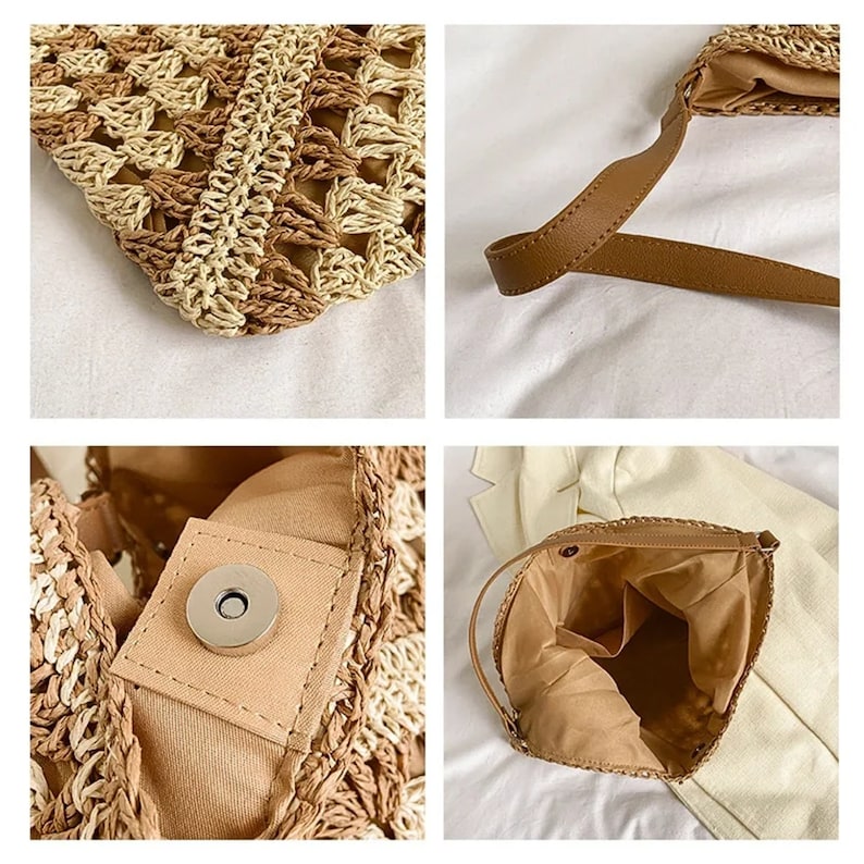 straw bag leather handlehandbags for womensummer shoulder bag knitcrochet straw bagbohemian beach tote bagcrochet bag image 9