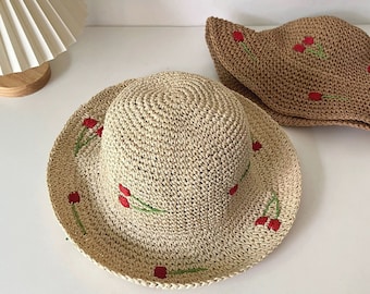 Handmade Raffia Bucket Hat: Crochet Woven Straw Vacation Hat