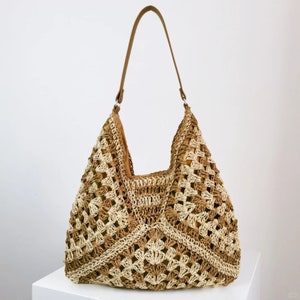 straw bag leather handlehandbags for womensummer shoulder bag knitcrochet straw bagbohemian beach tote bagcrochet bag zdjęcie 7