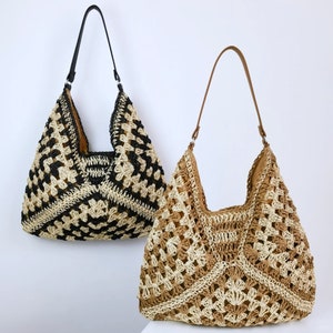 straw bag leather handlehandbags for womensummer shoulder bag knitcrochet straw bagbohemian beach tote bagcrochet bag image 5