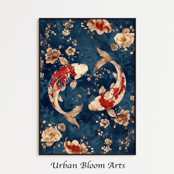 Koi Fish Painting Digital Download, Vintage Japandi Wall Art, Japanese Art Print, Wabi Sabi, Asian Art Svg, Chinese Wall Decor, Ying Yang