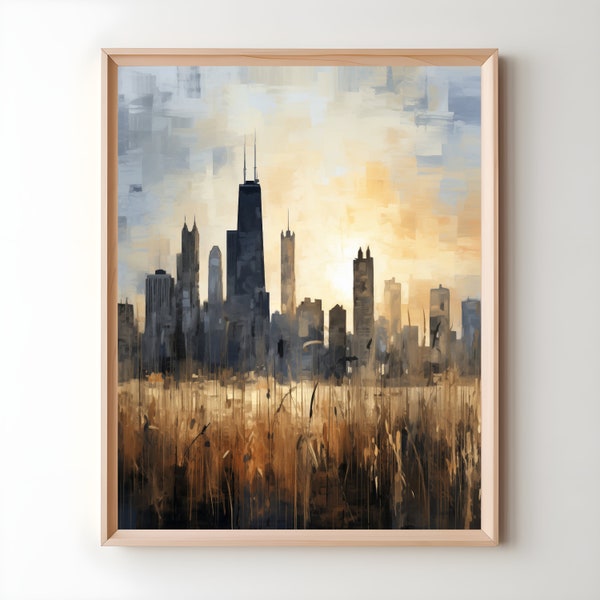 Chicago Skyline Wall Art Digital, Chicago Artwork, Chicago Art Print, City Scape Wall Art, Chicago Vintage Painting, Minimalistic, svg