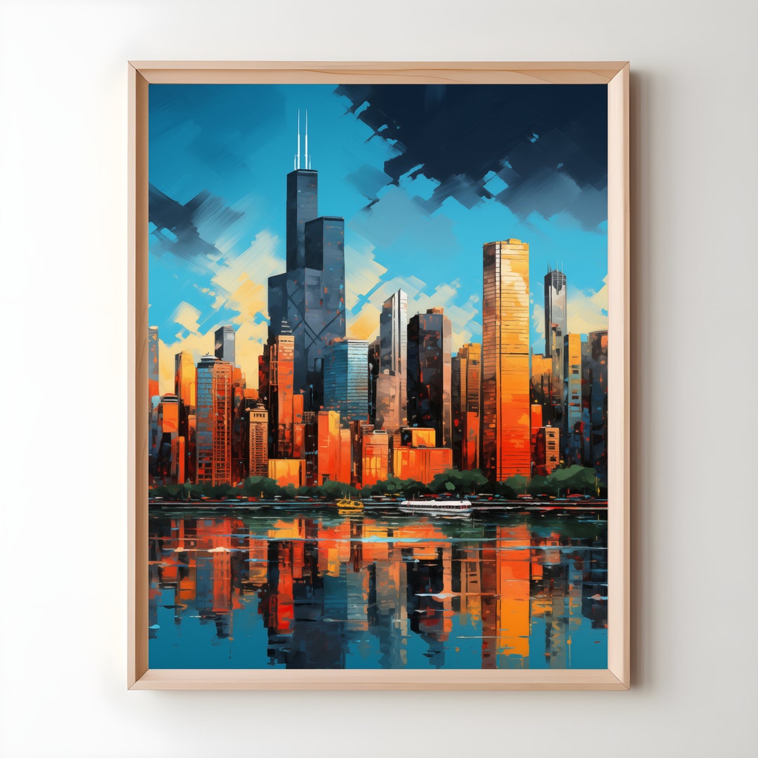 Chicago Skyline Wall Art Digital, Chicago Skyline Painting, City Scape