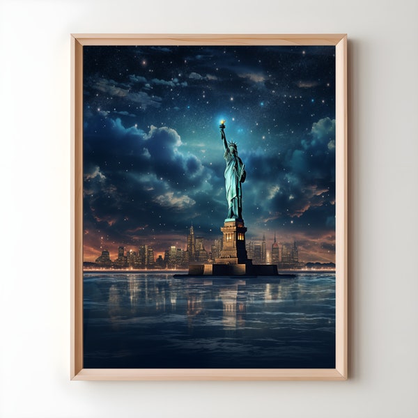 Statue of Liberty at Night Wall Art Digital, New York Skyline Wall Art, Starry Night Artwork, Cityscape Art, City Skyline,NYC Art Print, svg