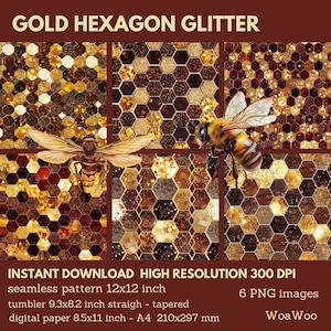 May include: Six digital paper designs featuring a gold hexagon glitter pattern with a bee illustration. The designs are 12 inches by 12 inches and are available for instant download.