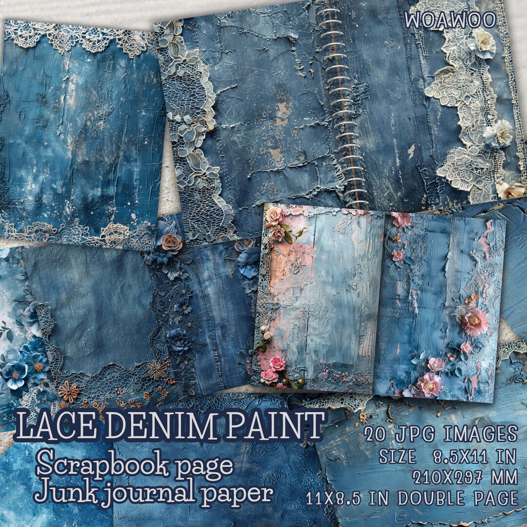 Lace Denim Paint Scrapbook Lace Junk Journal Kit Denim Digital Paper ...