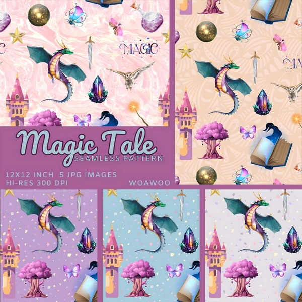 Magic Tale Seamless Pattern Fairy Land Dragon Castle Magic Book Printable Fairy Pastel Gift For Girl