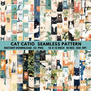 Pode incluir: Um padrão digital sem costura que apresenta uma variedade de gatos em diferentes poses e cores. Os gatos são representados em um catio com plantas e janelas. O padrão é perfeito para criar designs únicos e elegantes para decoração de casa, tecidos e outros projetos criativos.