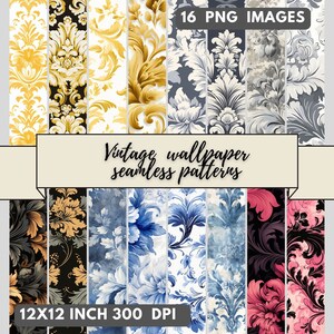Può includere: Set di 16 motivi di carta da parati vintage senza cuciture in vari colori, tra cui oro, blu e rosa. Ogni motivo misura 12x12 pollici e 300 DPI.