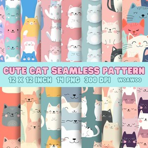 Puede incluir: Un conjunto de 14 patrones digitales sin costuras con lindos gatos de dibujos animados en varios colores y poses. Los patrones son de 30,48 cm por 30,48 cm y tienen una resolución de 300 DPI. El texto "CUTE CAT SEAMLESS PATTERN 12 X 12 INCH 14 PNG 300 DPI WOAWOO" está en la parte superior de la imagen.