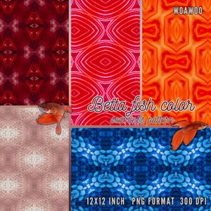 May include: A digital collage of four seamless patterns featuring betta fish scales in red, orange, blue, and white. The patterns are labelled "Betta fish colour seamless pattern" and "WOAWOO".