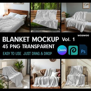 May include: A mockup image showcasing various uses of a blanket. The blanket is draped over a bed, a park bench, a sofa, and chairs. The blanket has a white and gray checkered pattern. Text on the image reads "BLANKET MOCKUP Vol. 1" and "45 PNG TRANSPARENT".