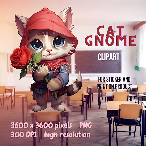 Cat Gnome Valentine Clipart Cat Sticker Gnome Printable Cat Cartoon Gnome Rose Valentine Digital Instant Download Valentine cat Gnome Rose