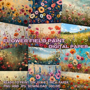 May include: Digital paper pack featuring 10 different floral field paintings. Each image is ready to print on 11 x 8.5 inch paper at 300 DPI. The images feature a variety of flowers in shades of pink, red, yellow, and white.