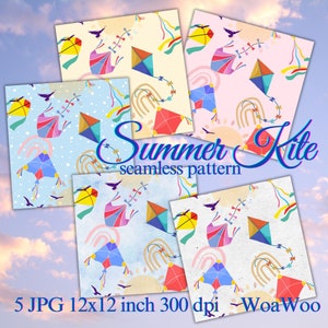 May include: Five digital paper designs featuring colourful kites flying in a blue sky with clouds. The designs are seamless and perfect for crafting and scrapbooking. The text "Summer Kite seamless pattern" is included in the image.