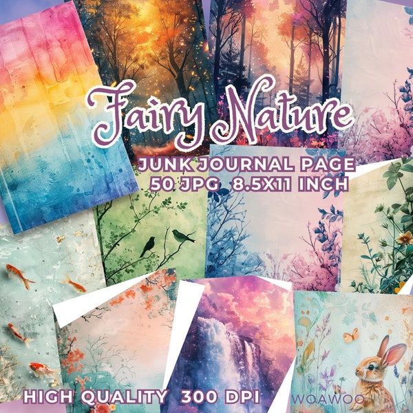 Fairy Nature Journal Paper Watercolor Junk Journal Kit Flower Paper Scrapbook Digital Paper 50 Pages Commercial Use