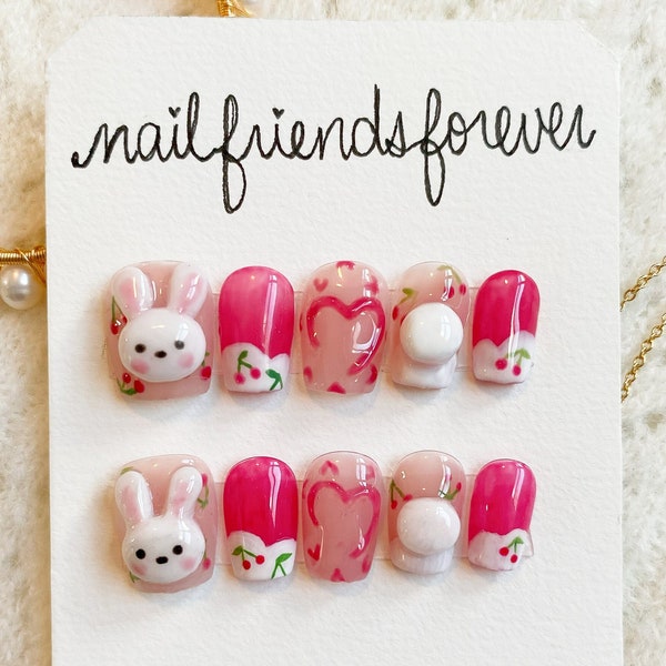 Kawaii Cherry 3D Bunny Press On Nails, Pink Cherry Nails, Cute Press On Nails, Korean Nails, Premium Press Ons, Reusable Custom Fake Nails